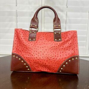 Kate Landry Ostrich Embossed Leather Tote Bag Red Brown